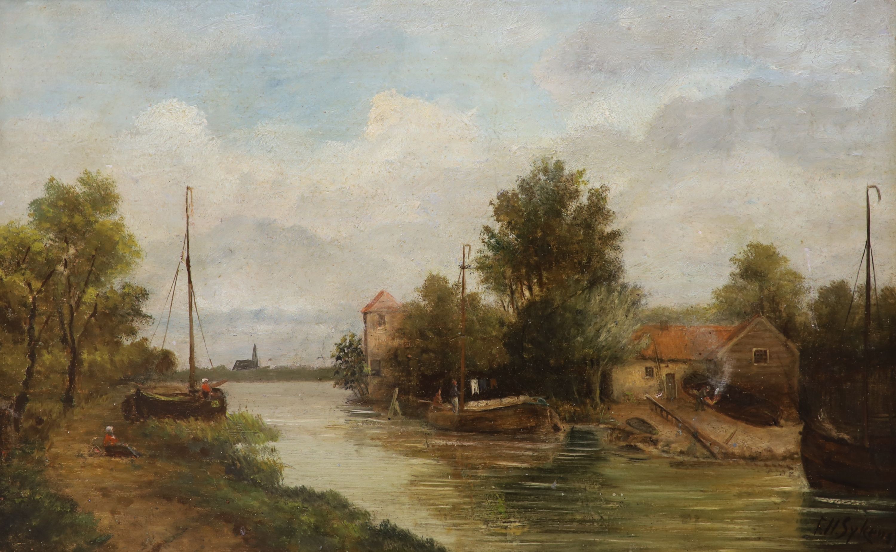 Ferdinand Hendrik Sykens (1813-1860), oil on wooden panel, River landscape, signed, 23 x 36cm